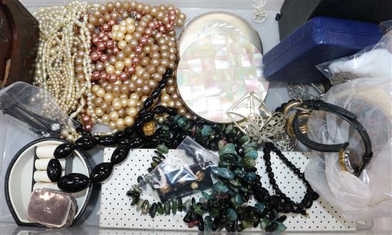 Assorted costume jewellery, a silver pill box and silver fob watch.